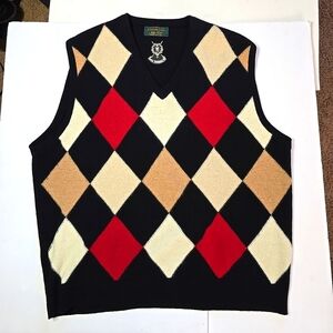 St Andrews Links By Peter Scott Pure Wool Argyle Print Vest Sweater Size XL